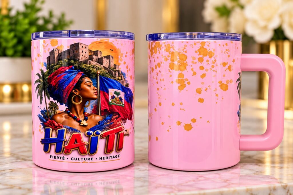 Pink Haiti themed cup with flag