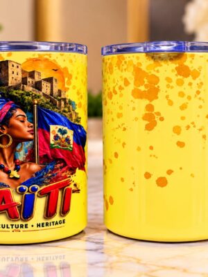 Yellow Haiti themed cup with flag