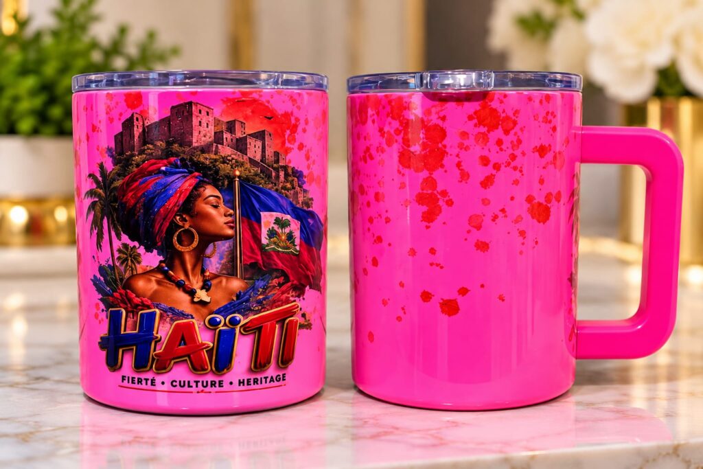 Hot pink Haiti mug featuring the Haitian flag