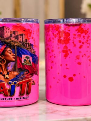 Hot pink Haiti mug featuring the Haitian flag